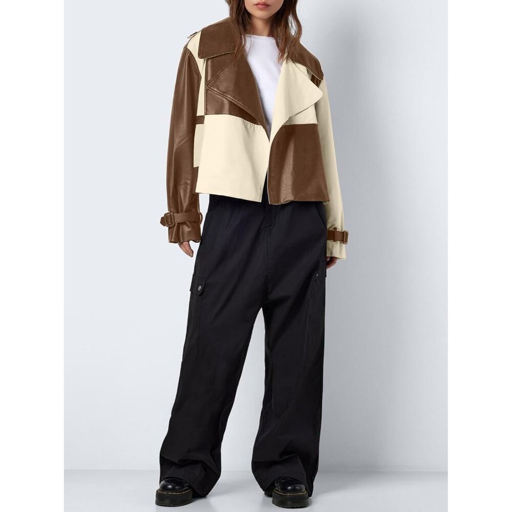 Womens Faux Leather Bomber Jacket with Bow Brown Stylish Fall Outerwear Coat - Picture 4 of 6